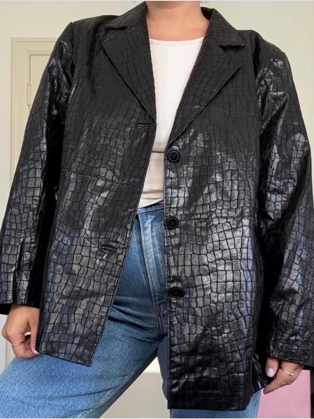 Black Croc-Embossed Leather Blazer Jacket